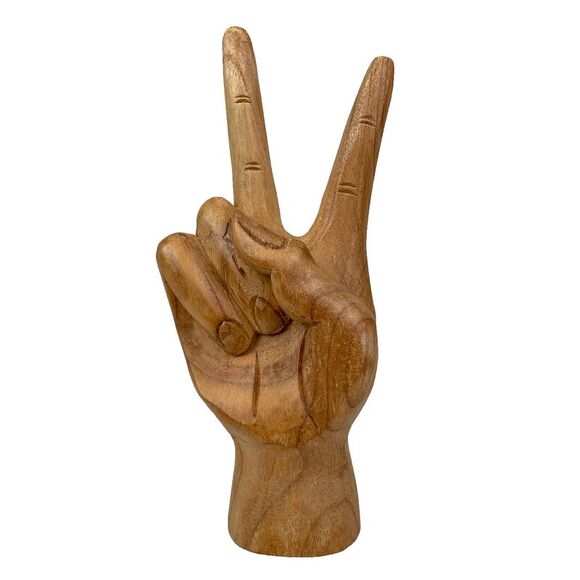 Carved Wooden Peace Sign Hand Gesture Statue Natural Finish 7.75 Inches High - Picture 1 of 10